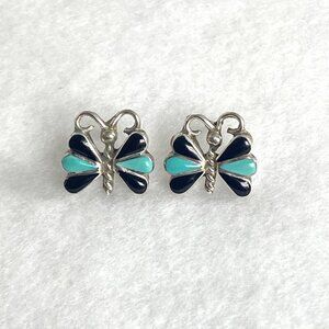 Sterling Silver 925 Southwest Style Turquoise Black Onyx Butterfly Stud Earrings